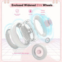 A digital illustration of the Sliding Balance Bike’s four transparent, silent EVA wheels, parts separated to show internal design. Feature icons and text highlight high strength, anti-slip, and damping. Pink grid background accentuates each benefit.