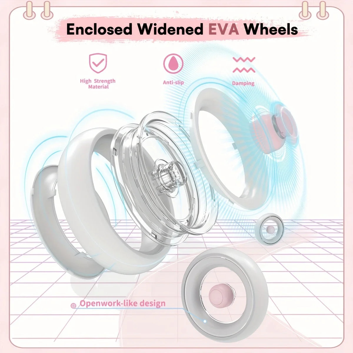 A digital illustration of the Sliding Balance Bike’s four transparent, silent EVA wheels, parts separated to show internal design. Feature icons and text highlight high strength, anti-slip, and damping. Pink grid background accentuates each benefit.