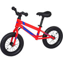 The 12 Inch Balance Bike for Kids is a red no-pedal toddler bike with an adjustable seat and handlebar, lightweight aluminum frame, padded seat, and thick black tires—perfect for developing kids’ gross motor skills while they learn to ride.