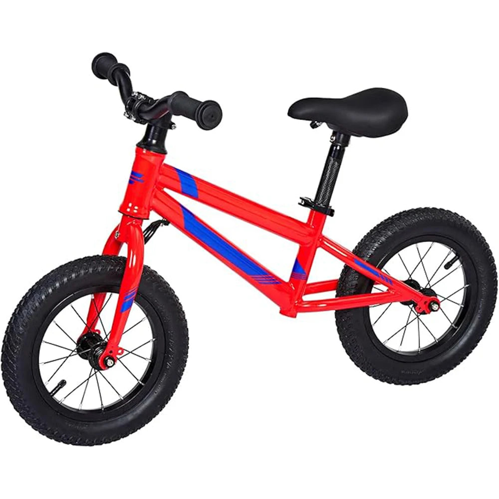 The 12 Inch Balance Bike for Kids is a red no-pedal toddler bike with an adjustable seat and handlebar, lightweight aluminum frame, padded seat, and thick black tires—perfect for developing kids’ gross motor skills while they learn to ride.