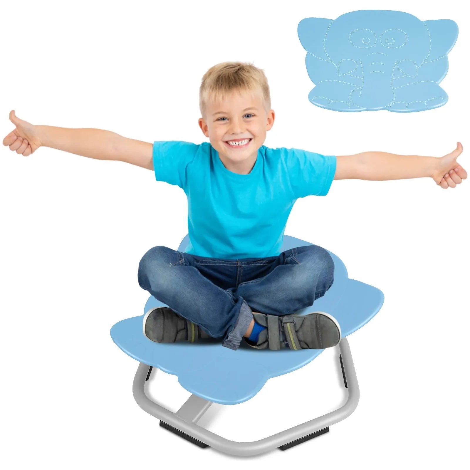 A blonde boy in a blue shirt and jeans smiles and gives thumbs-up while sitting cross-legged on the Playful Elephant Spin Sensory Chair for Kids. He beams against a white background with a faint elephant outline, designed to promote balance and coordination.
