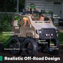Two children enjoy the tan, safari-themed Truck Climber Kids Outdoor Playset with Slide and Wall—one child uses binoculars while the other steers from the driver’s seat among its oversized wheels and open rooftop.