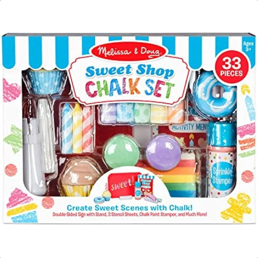 The Melissa and Doug Sweet Shop Multicolored Chalk and Holders Play Set includes 33 colorful chalk pieces, holders, stencils, and accessories, presented with playful candy and dessert-themed graphics. Great gift for kids.