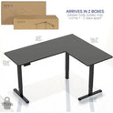 Electric Height Adjustable 63 x 55 Inch Corner Stand Up Desk in black, powered by a strong electric motor (176 lbs/80 kg max). Dimensions: 63 x 55.2 x 23.6 x 22.8 in. Arrives in 2 boxes; box image at top left.