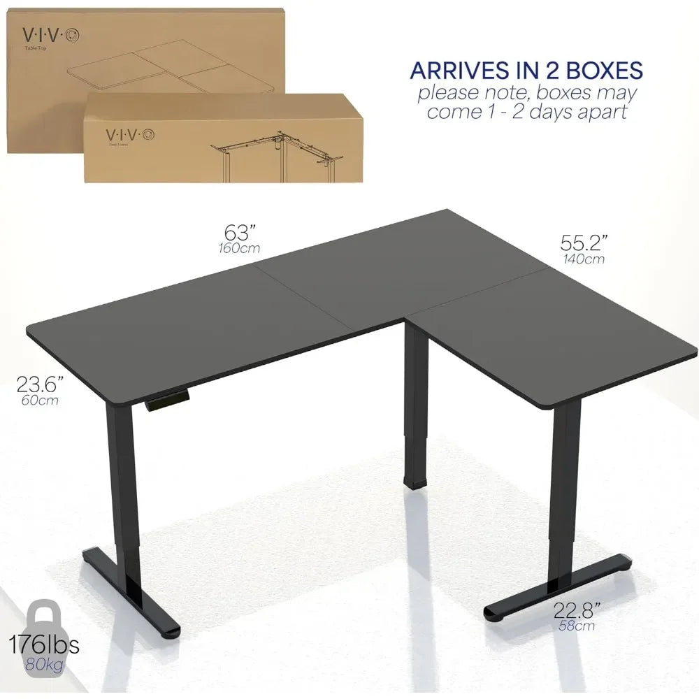 Electric Height Adjustable 63 x 55 Inch Corner Stand Up Desk in black, powered by a strong electric motor (176 lbs/80 kg max). Dimensions: 63 x 55.2 x 23.6 x 22.8 in. Arrives in 2 boxes; box image at top left.