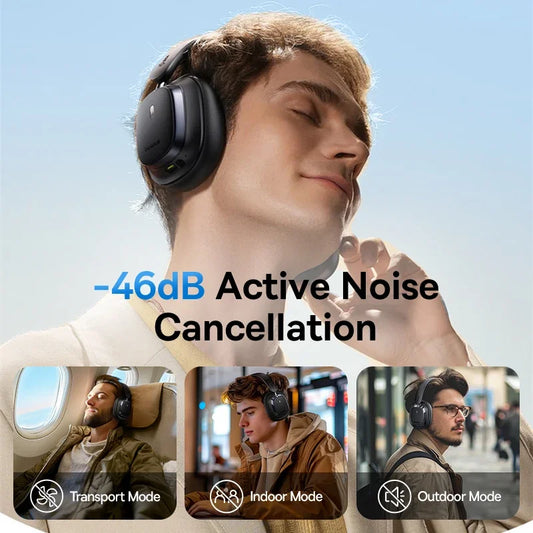 A man with eyes closed enjoys music on Baseus Bowie 10 Max Wireless Headphones featuring 46dB Hybrid Active Noise Cancellation. Smaller images show Transport, Indoor, and Outdoor Modes. Text highlights Bluetooth 5.4 and 120H battery life.