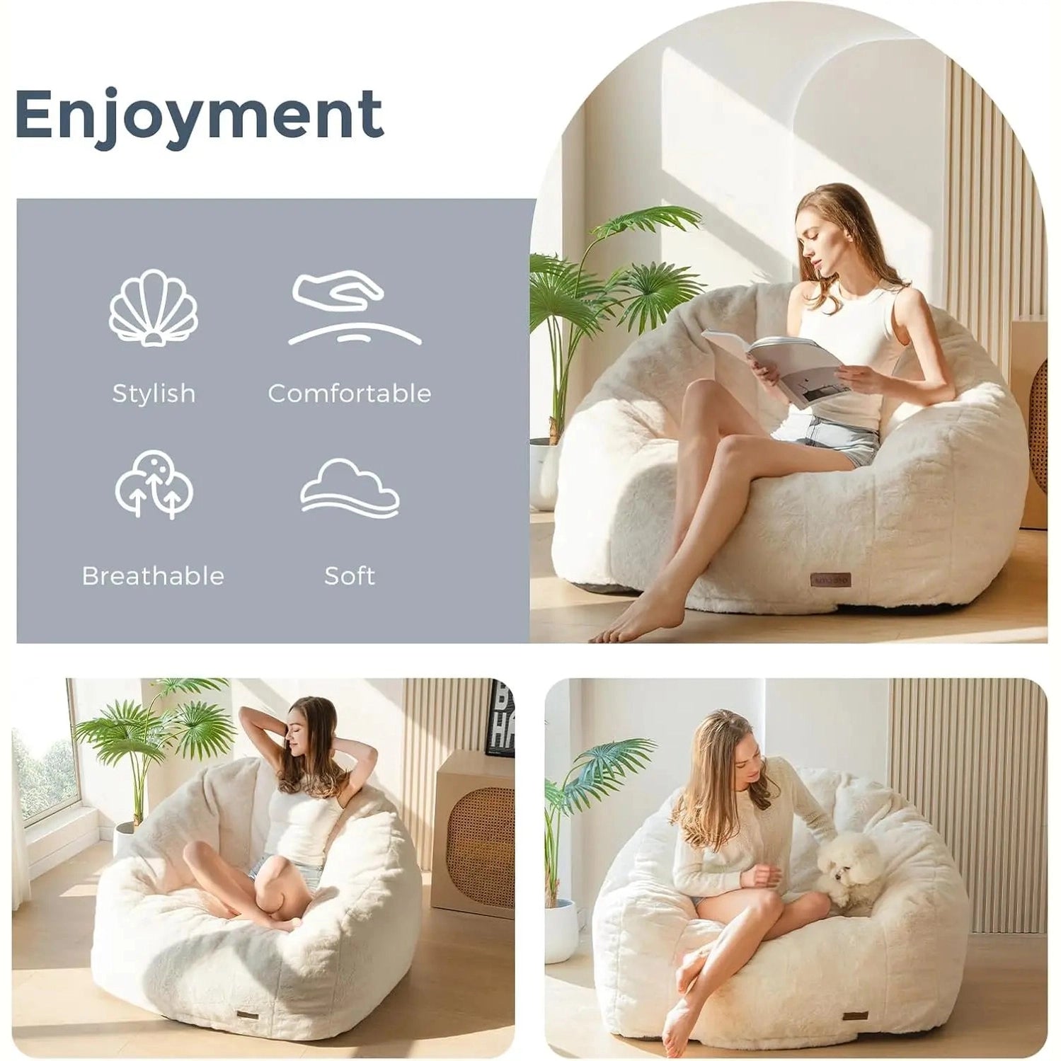 A woman relaxes on the Giant Bean Bag Chair, an oversized faux fur shell-shaped seat for adults and kids. Made by XMSJH in the US, it’s stylish, comfortable, breathable, and soft—shown with easy assembly and cozy moments with her dog.