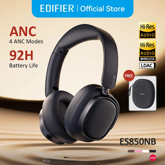 Black Edifier ES850NB Wireless Headphones with over-ear design, advanced noise cancelling, Hi-Res audio, 92-hour battery life, and carry bag shown on a gold gradient background.