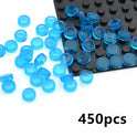 450pcs of MOC Transparent Bulk Brick Set in trans light blue (1x1, 1x2, 1x4, 2x4) parts are scattered on a black LEGO baseplate—ideal for any building block collection. Compatible with LEGO; “450pcs” shown in bold black font at the bottom right corner.