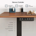 The Standing Desk w/ 2 Adjustable Monitor Shelves is an electric stand-up desk with a digital memory controller, displaying lifting speed, load capacity, and noise level. On the desk are a closed book, pen holder, and small container.