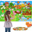 A young girl plays with the Farm Animals Felt Story Board Set Interactive Play Kit for Toddlers, arranging animal cutouts on a colorful farm-themed board featuring a barn, farmers, tractor, and pond for early learning fun.