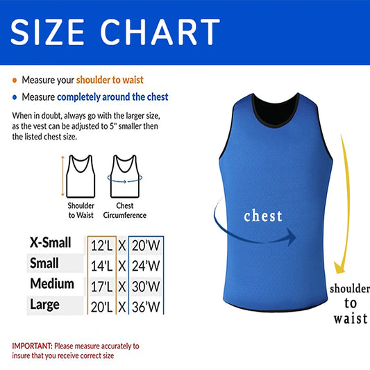 Size chart for Sensory Compression Vest for Kids with Autism, Hyperactivity, Mood Disorder. Shows how to measure shoulder-waist length & chest, with X-Small, Small, Medium & Large sizes. Includes diagram of measurement points.