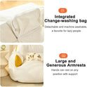 Image showing two features of the Premium Teddy Velvet Bean Bag Sofa Cover: 1) integrated, detachable, machine-washable bag; 2) cozy seat with supportive yellow armrests in Teddy Velvet, with a cat sitting comfortably.