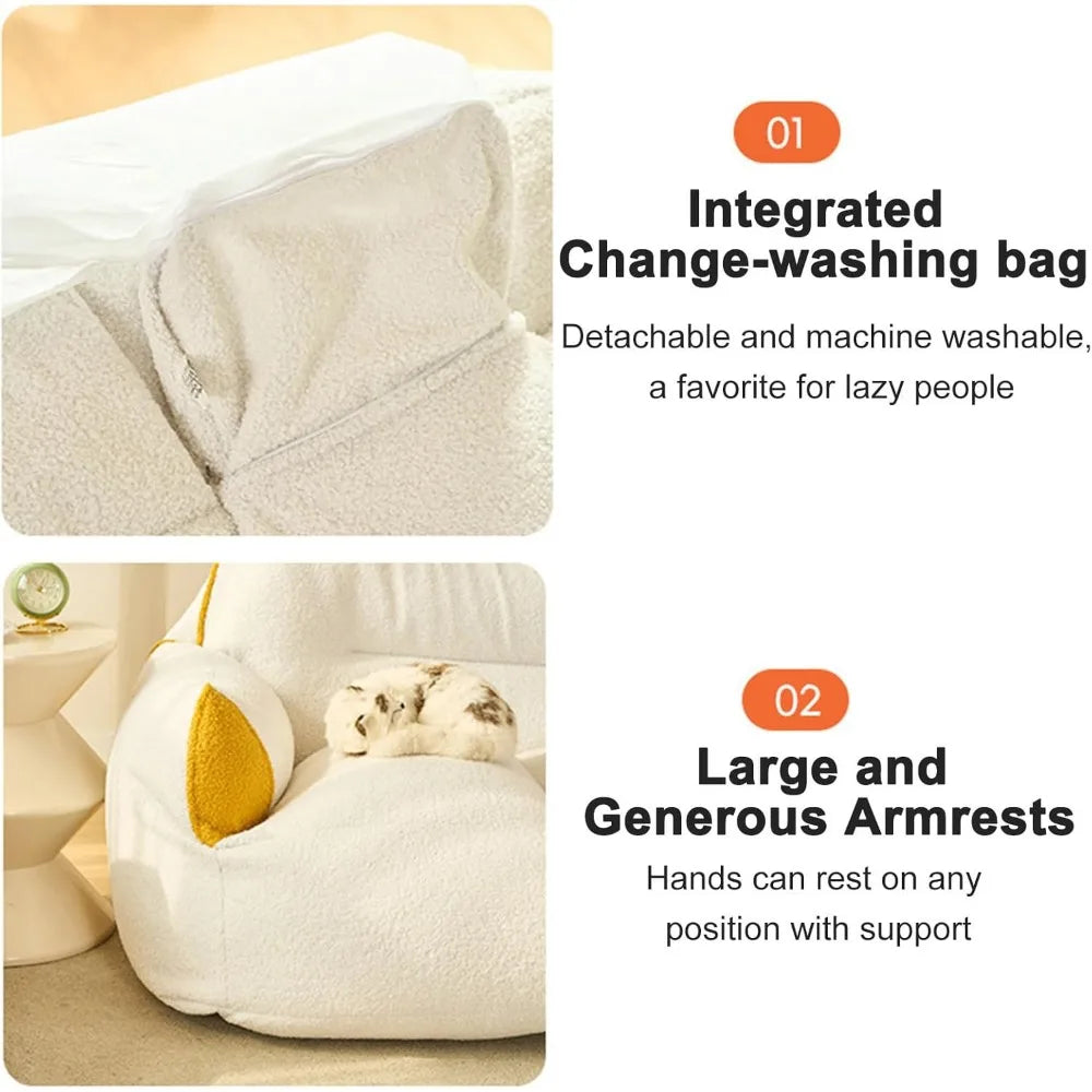 Image showing two features of the Premium Teddy Velvet Bean Bag Sofa Cover: 1) integrated, detachable, machine-washable bag; 2) cozy seat with supportive yellow armrests in Teddy Velvet, with a cat sitting comfortably.