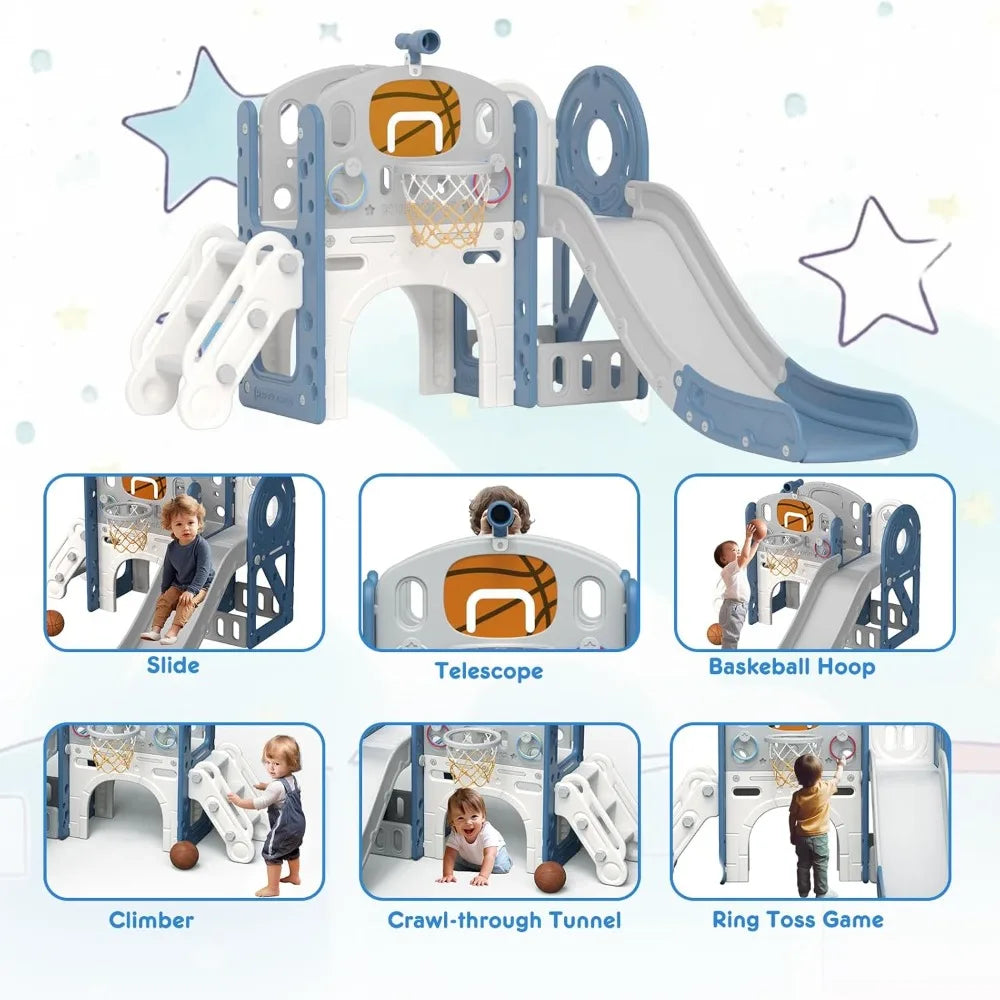 The 8 In 1 Toddler Slide Set With Basketball Hoop For Kids in gray and blue includes a slide, telescope, basketball hoop, climber, crawl-through tunnel, and ring toss. Six images show kids enjoying each fun feature while playing.