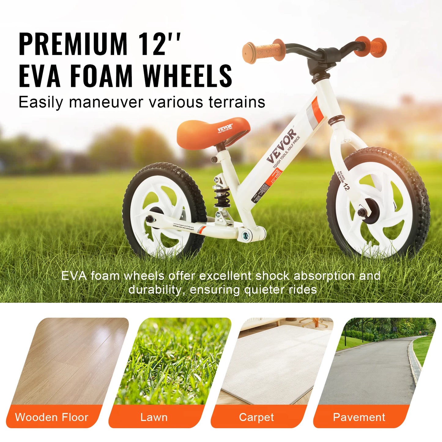 VEVOR 12" Carbon Steel Balance Bike for Toddlers - Adjustable Seat & Handlebar, EVA Foam Tires, Ideal for Boys & Girls Ages 1-5, Max Weight 55 lbs