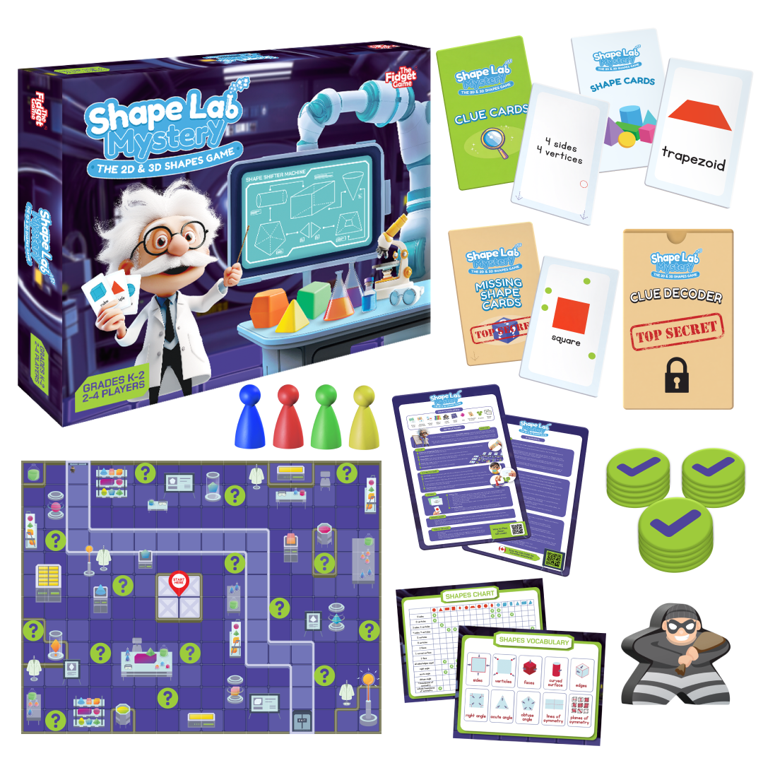 Shape Lab Mystery Geometry Game box featuring a cartoon scientist, game board, cards, colorful pawns, instruction sheets, a shapes chart, and a burglar figure for learning 2D and 3D shapes.