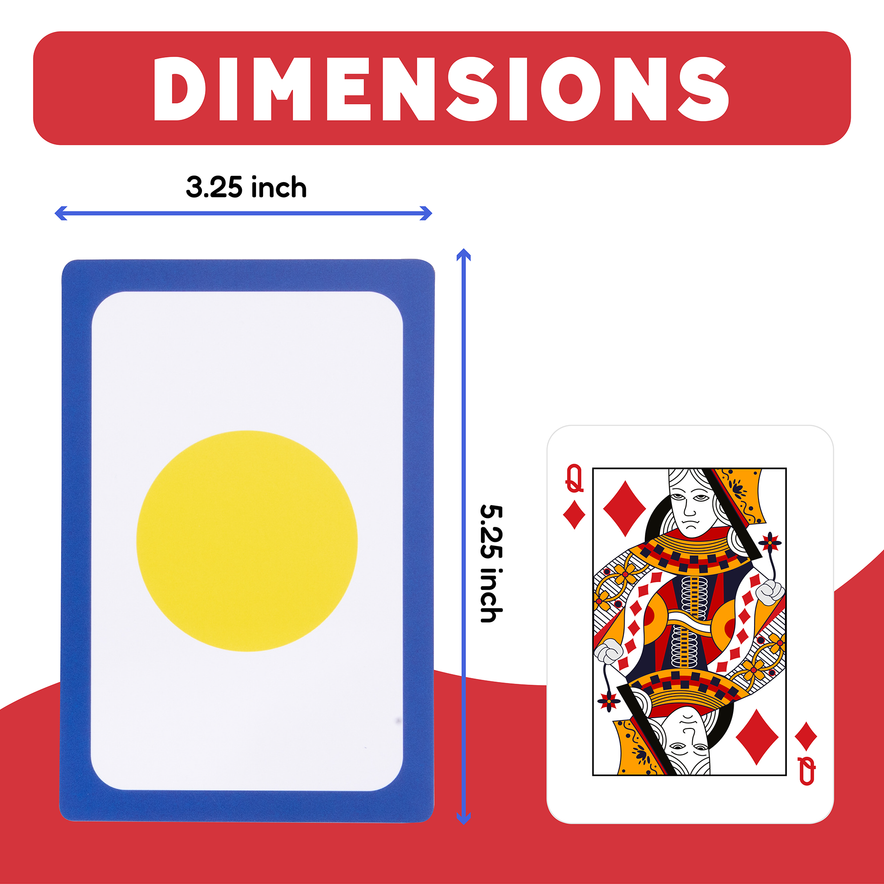 A yellow circle from the 2D & 3D Shapes & Colors Card Pack shown on a 3.25 by 5.25 inch rectangular card next to a standard playing card.