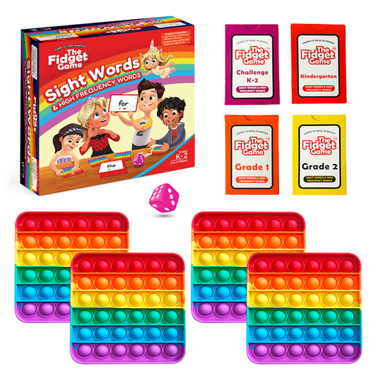 The Fidget Game: Sight Words Edition includes a game box, four sets of sight word flashcards in purple, red, orange, and yellow cases, four square rainbow-colored fidget mats, and a pink die.