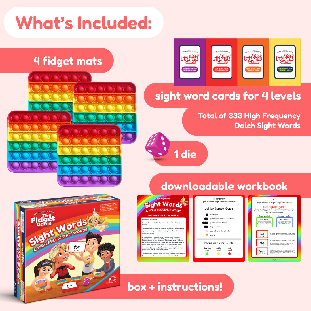 Kindergarten Learning Bundle including four colorful square fidget popper mats, four decks of sight word cards, one die, a game box, and two workbook pages.