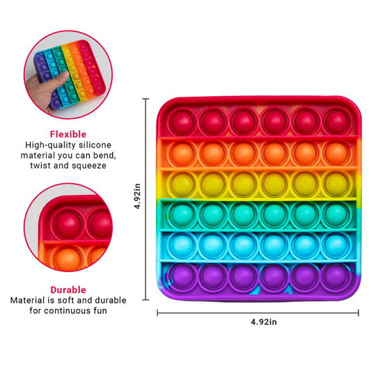 A 4 Extra Rainbow Fidget Mats (Sight Words Game Add-On) is a 4.92-inch square, rainbow fidget mat featuring a grid of circular poppable bubbles for stress-relief, shown with inset images demonstrating its flexible and durable material.