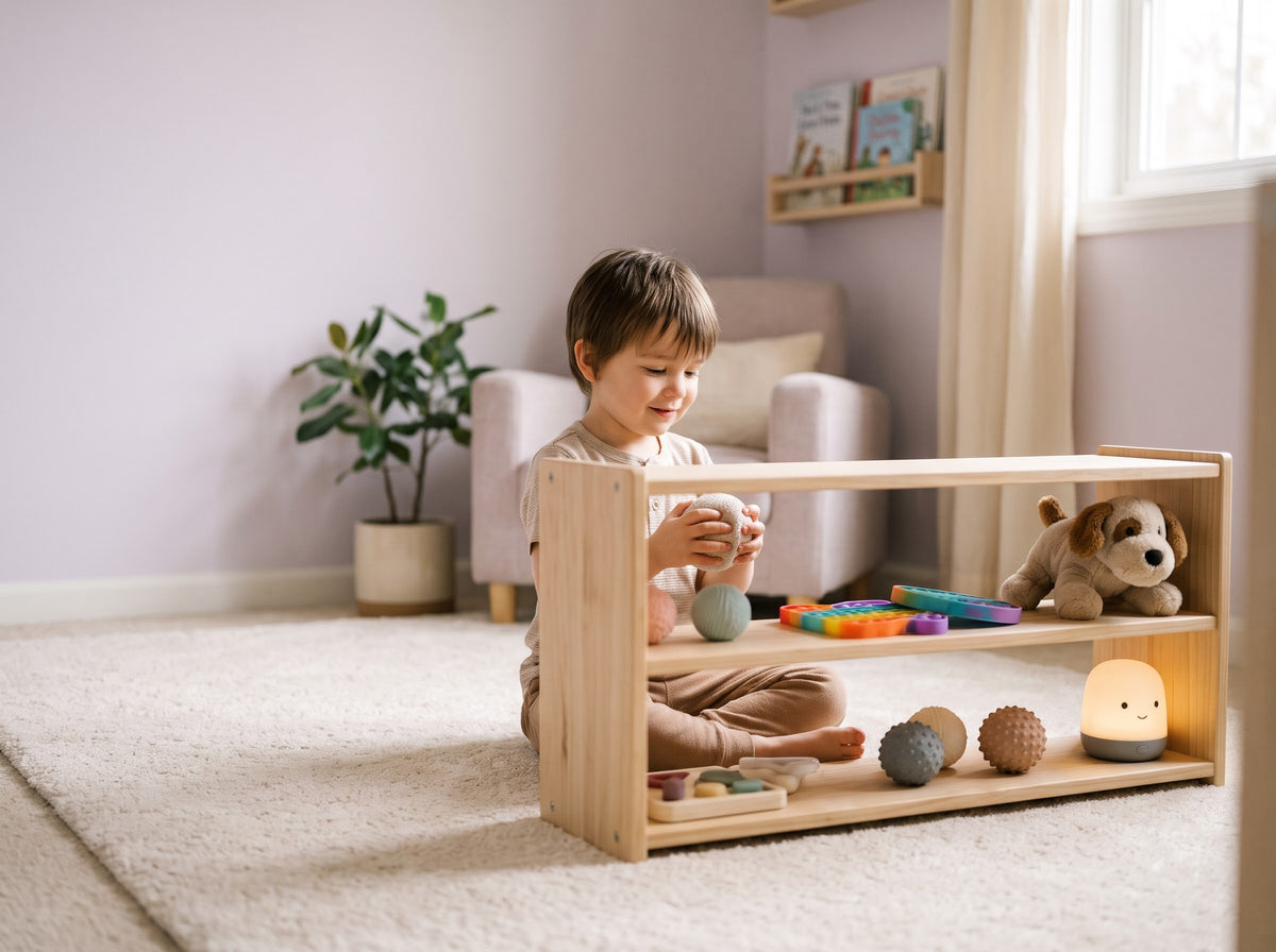 Young child playing with sensory toys from a low wooden shelf in a calm playroom