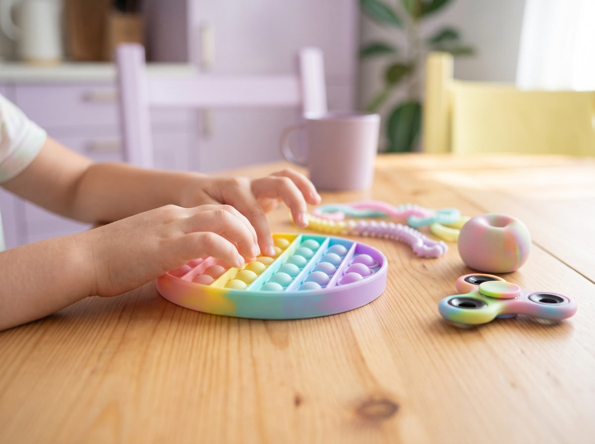 Child pressing a pastel rainbow pop-it fidget toy on a wooden table