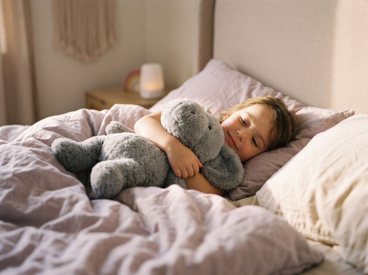 Sleepy child hugging a soft gray weighted plush in bed
