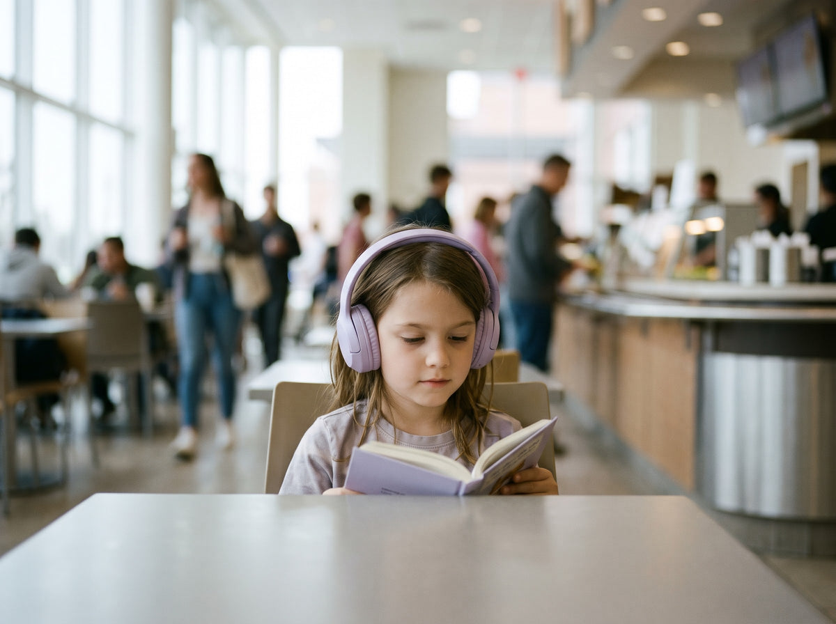 Girl reading calmly with lilac headphones on in a busy cafeteria