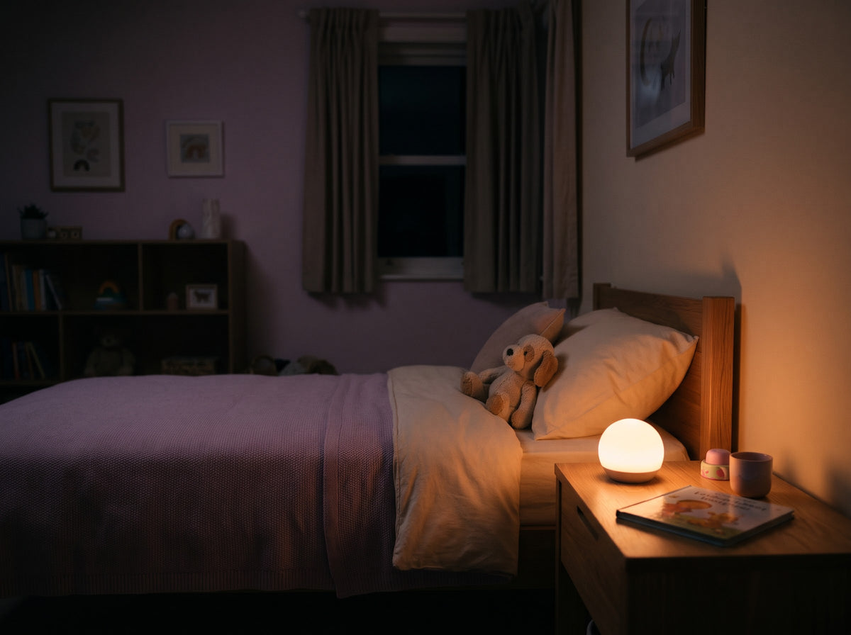 Dim child's bedroom lit by a soft glowing night light at bedtime