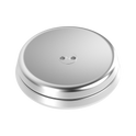 A round, silver ONO Slider Aluminum container with a smooth, flat lid featuring a subtle embossed logo and two central indents—ideal for storing your calming fidget toy or ONO Slider magnetized disks.