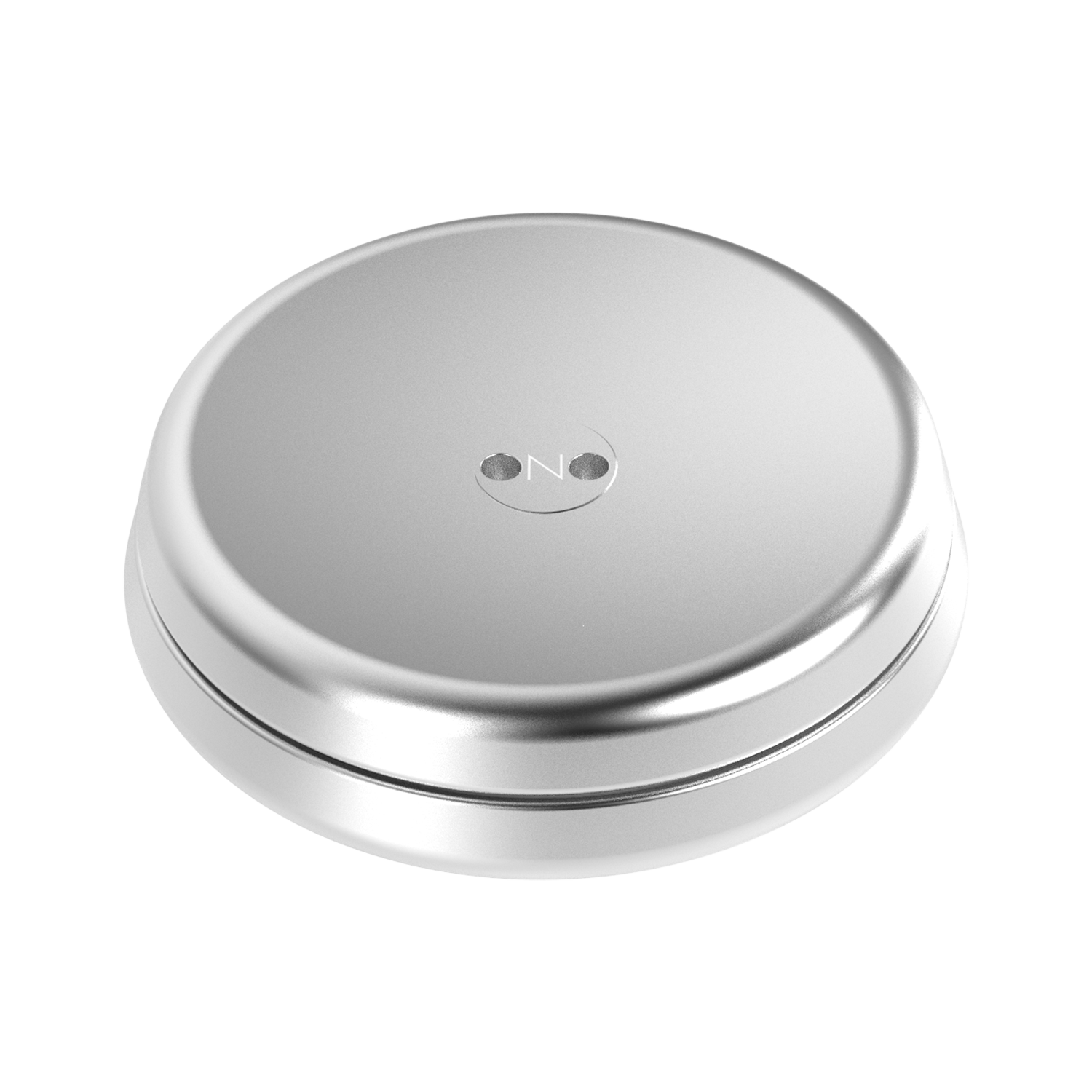 A round, silver ONO Slider Aluminum container with a smooth, flat lid featuring a subtle embossed logo and two central indents—ideal for storing your calming fidget toy or ONO Slider magnetized disks.