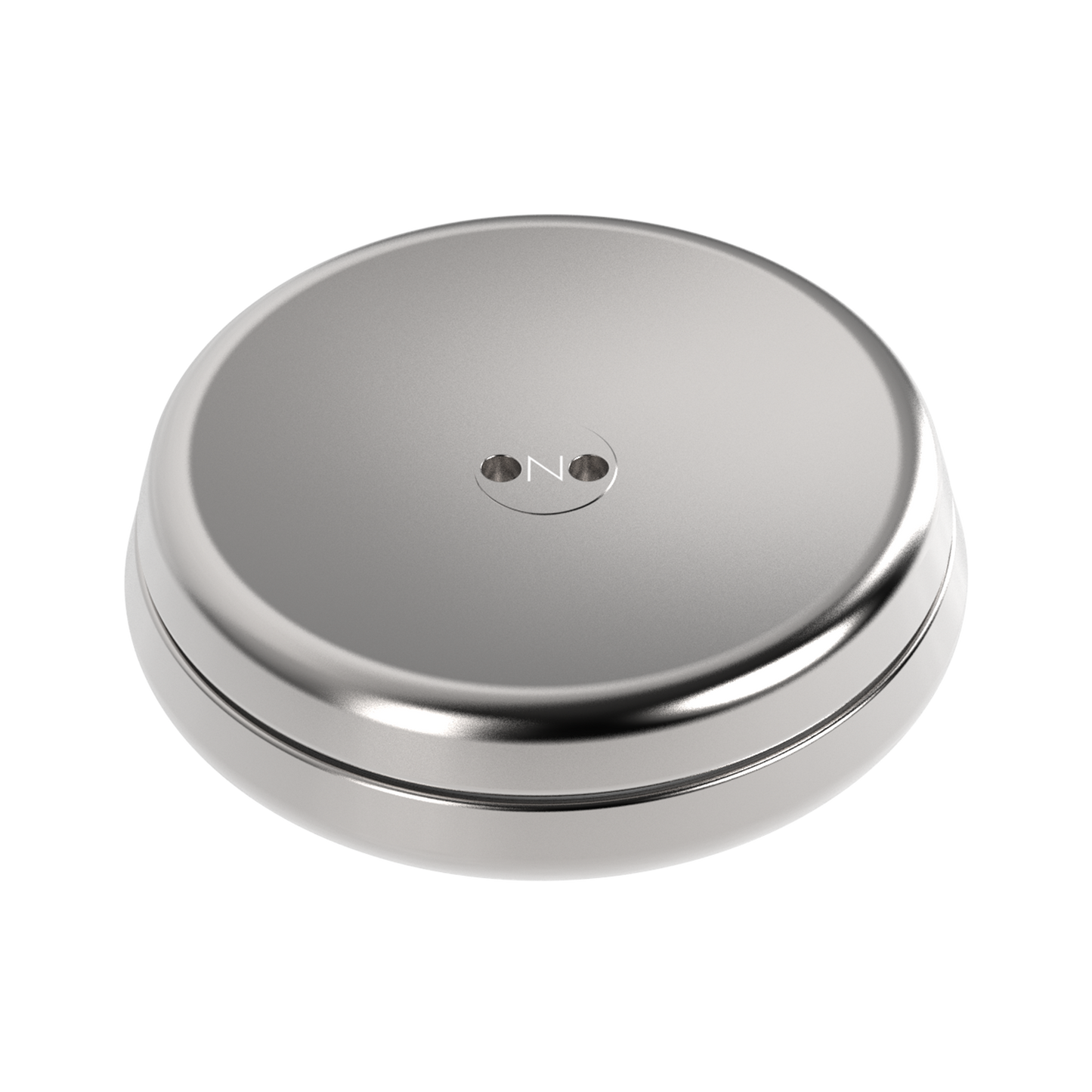 The ONO Slider Steel is a round, metallic silver fidget toy with a smooth surface and two central holes, marked “ON.” Its sleek, minimalistic design is reminiscent of magnetized disks.