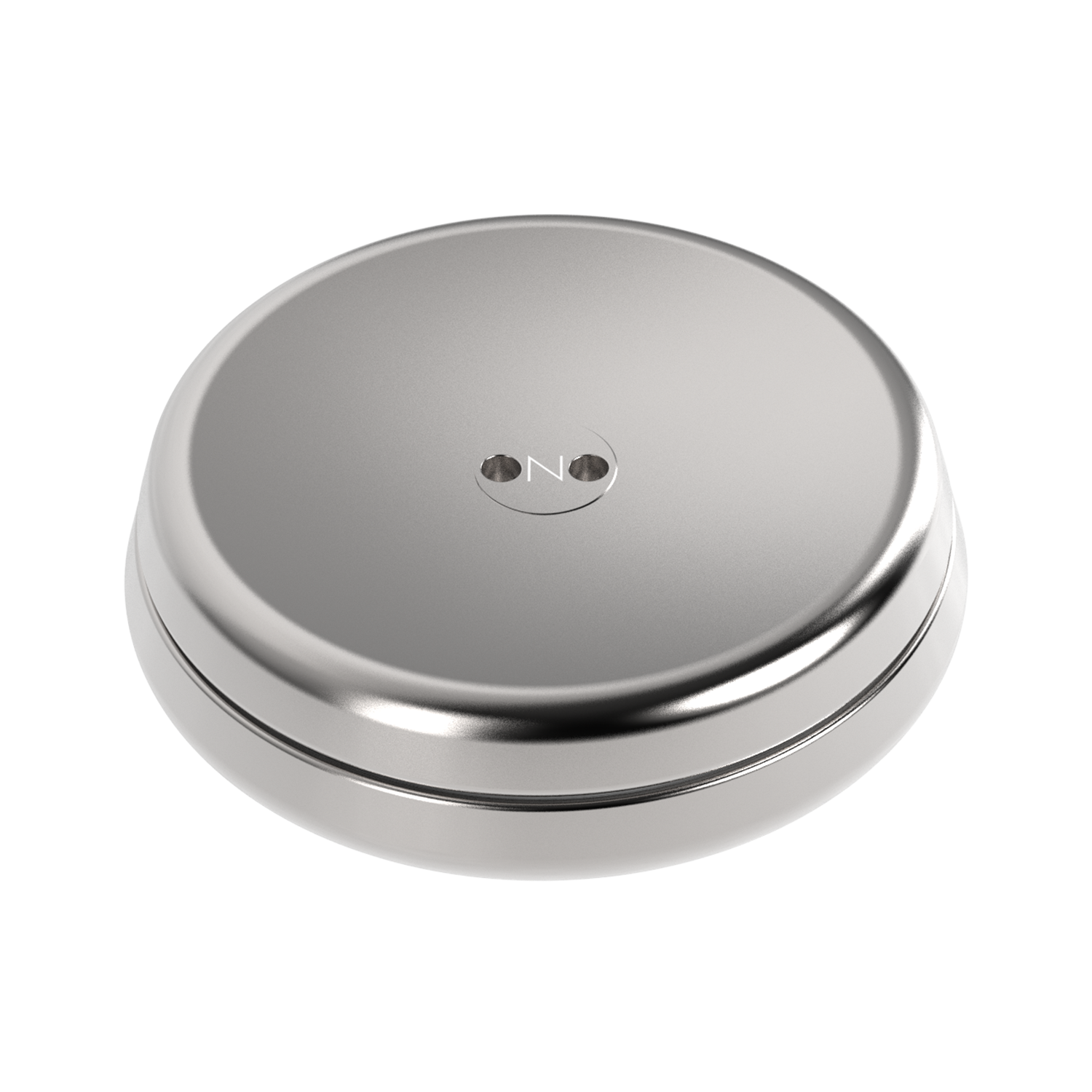 The ONO Slider Steel is a round, metallic silver fidget toy with a smooth surface and two central holes, marked “ON.” Its sleek, minimalistic design is reminiscent of magnetized disks.