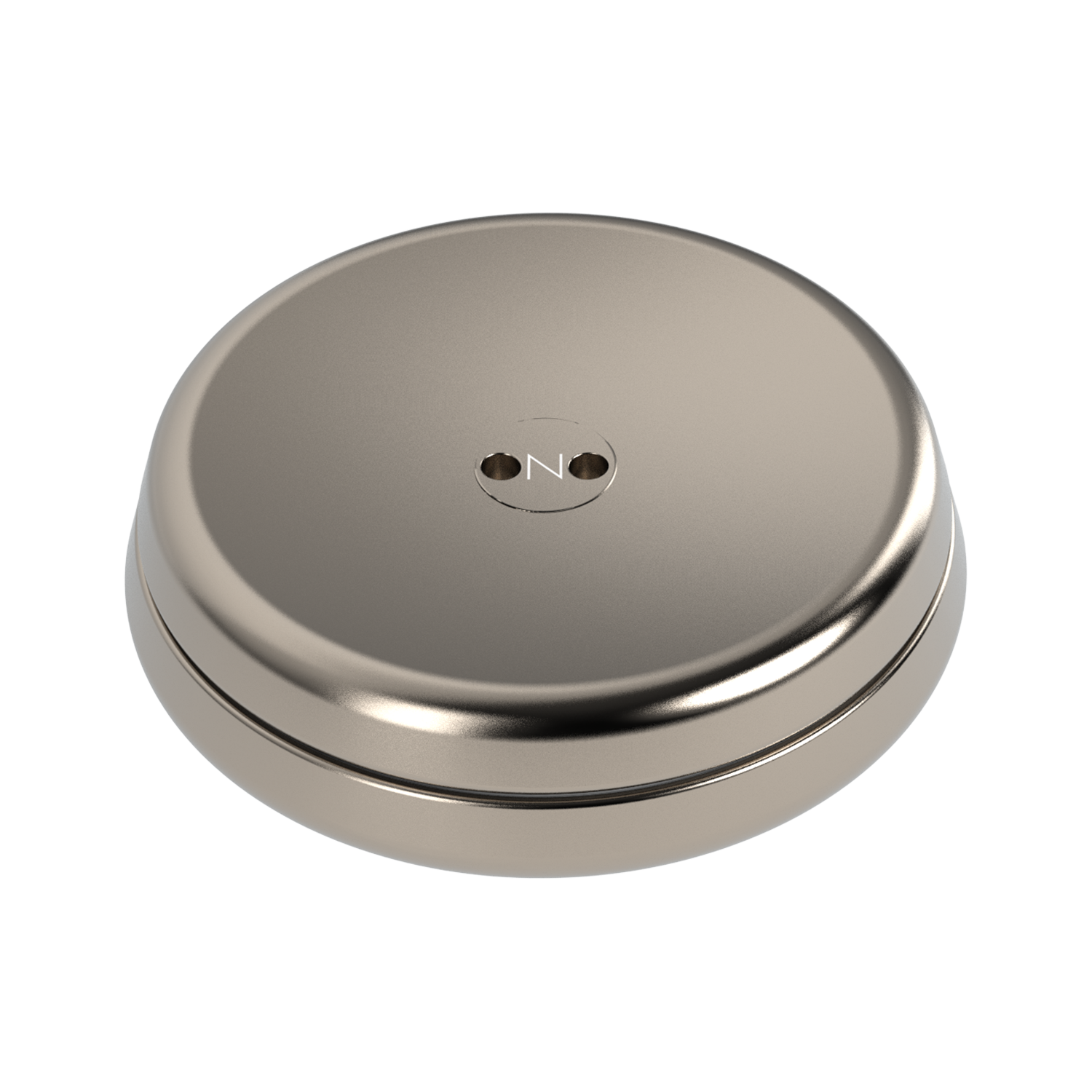 The ONO Slider Titanium is a round, metallic, titanium-colored object with a smooth, slightly domed surface and two small center holes—ideal as a minimalist fidget toy or as an accessory for your ONO Slider.