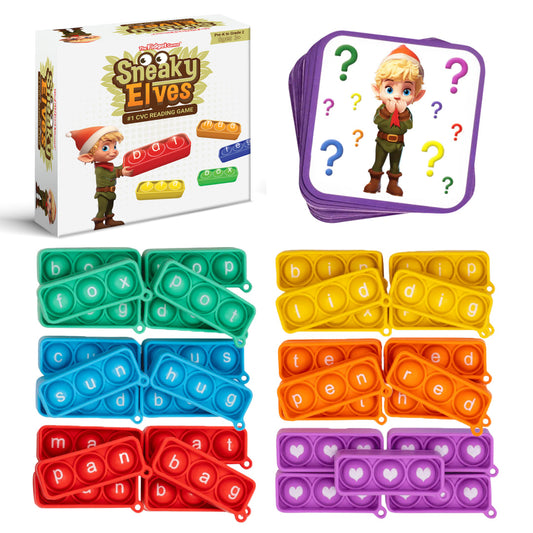 The Sneaky Elves CVC Blending Game boxed set features elf-illustrated cards and silicone bubble poppers embossed with letters to practice blending sounds and forming CVC words.