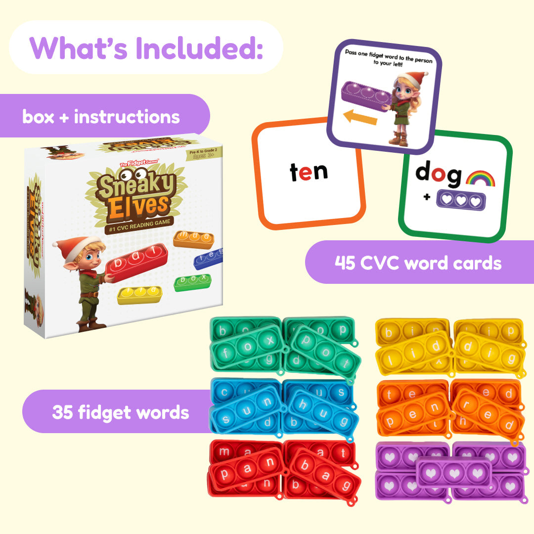 Sneaky Elves CVC Blending Game set including an instruction box, 45 CVC word cards, and 35 colorful silicone pop-it fidget toys embossed with letters for blending sounds.