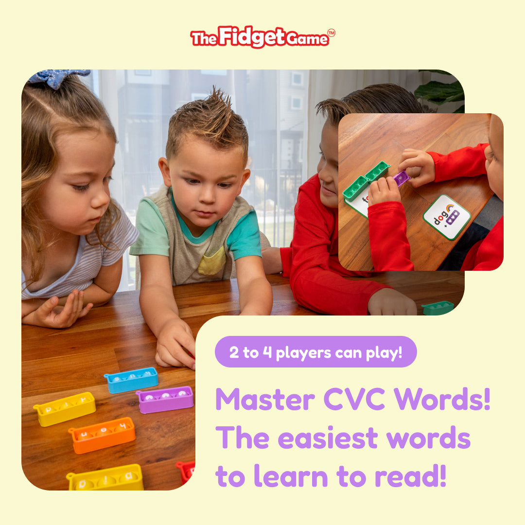 Three children play the Sneaky Elves CVC Blending Game at a table, using colorful plastic blocks and cards featuring CVC words to blend letter sounds.