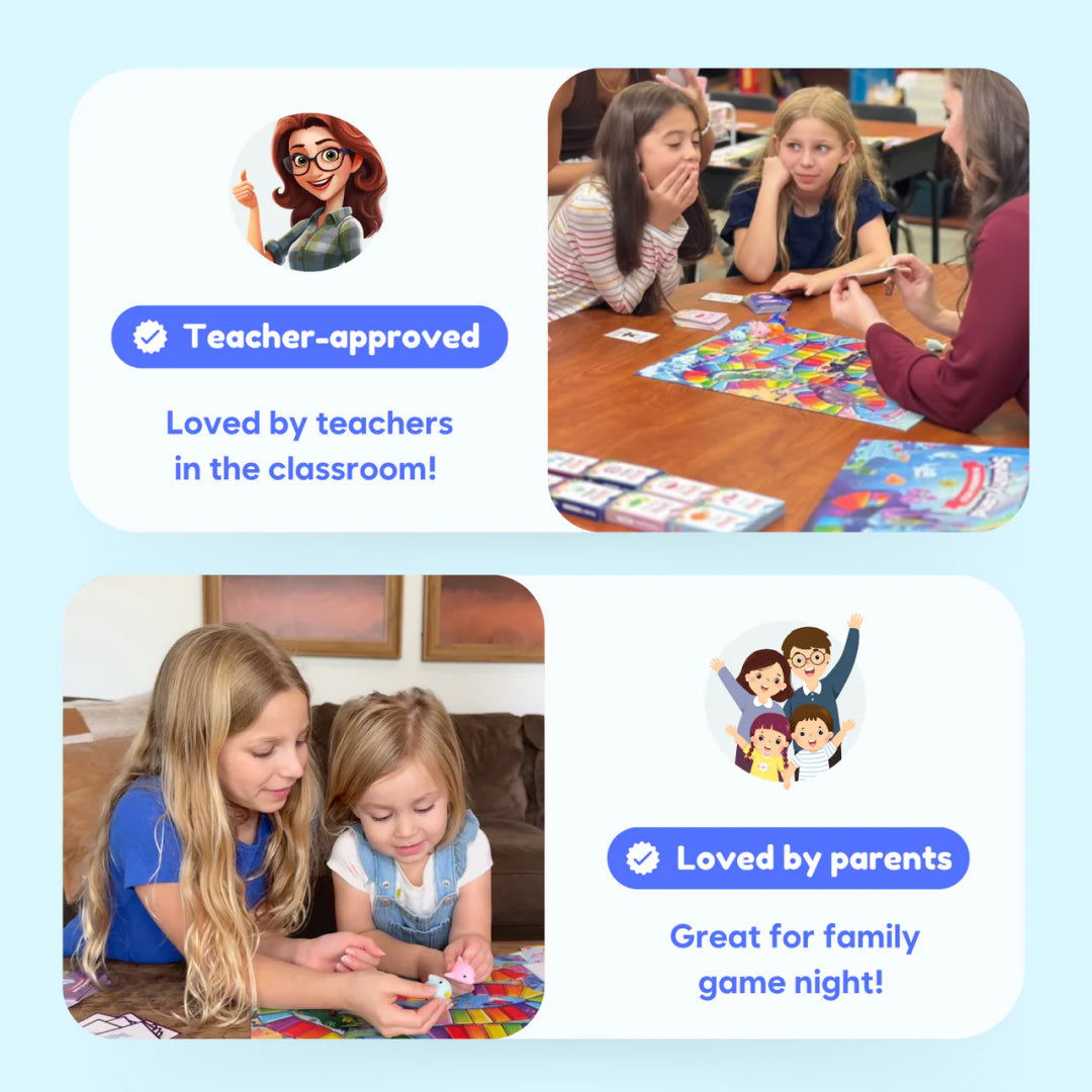 Two girls practice multisyllabic word reading with their teacher using Squishyland Grades 3–5 Expansion Card Packs, and two sisters play the same board game together at home.