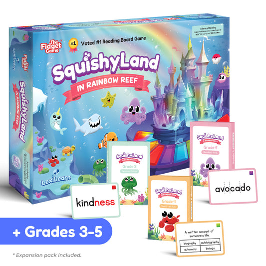 The Squishyland + Grades 3–5 Expansion Packs include a phonics board game box and three card decks, displayed with sample game cards showing the words kindness, avocado, and definitions.