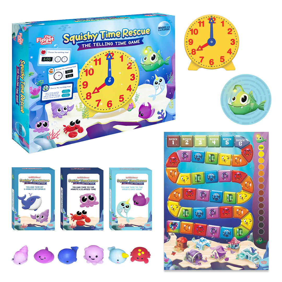 The Squishy Time Rescue Telling Time Game includes a clock-themed board, a yellow clock toy, six colorful sea creature figures, and three decks of activity cards featuring cartoon marine life.