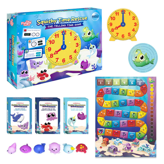 The Squishy Time Rescue Telling Time Game includes a clock-themed board, a yellow clock toy, six colorful sea creature figures, and three decks of activity cards featuring cartoon marine life.