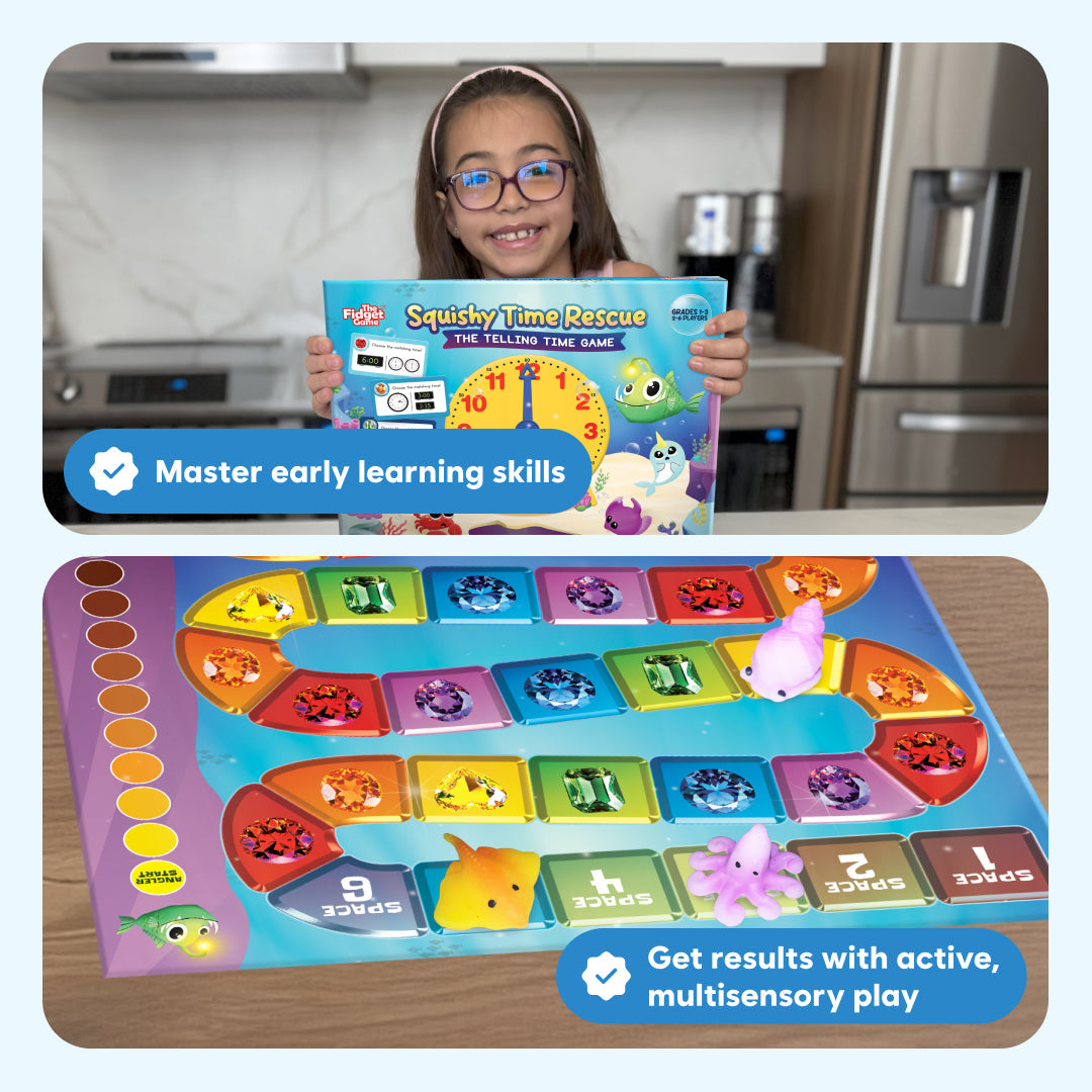 A girl holds a Squishy Time Rescue Telling Time Game box, with a close-up below showing a game board featuring a path of colored gems and small rubber sea creatures used to help children practice telling time.