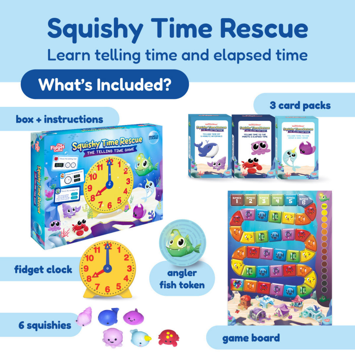 Grade 2 Complete Skills Bundle including a box with instructions, three card packs, a yellow plastic clock, a green fish token, six small colorful toy figures, and a game board for multiplication foundations.