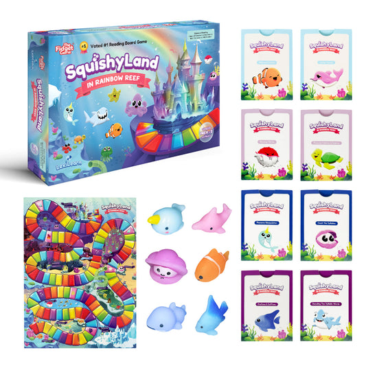 The Squishyland Phonics Fidget Game features a board with a path through a reef, six colorful squishy sea creature figures, and eight illustrated instruction cards to support foundational reading skills.
