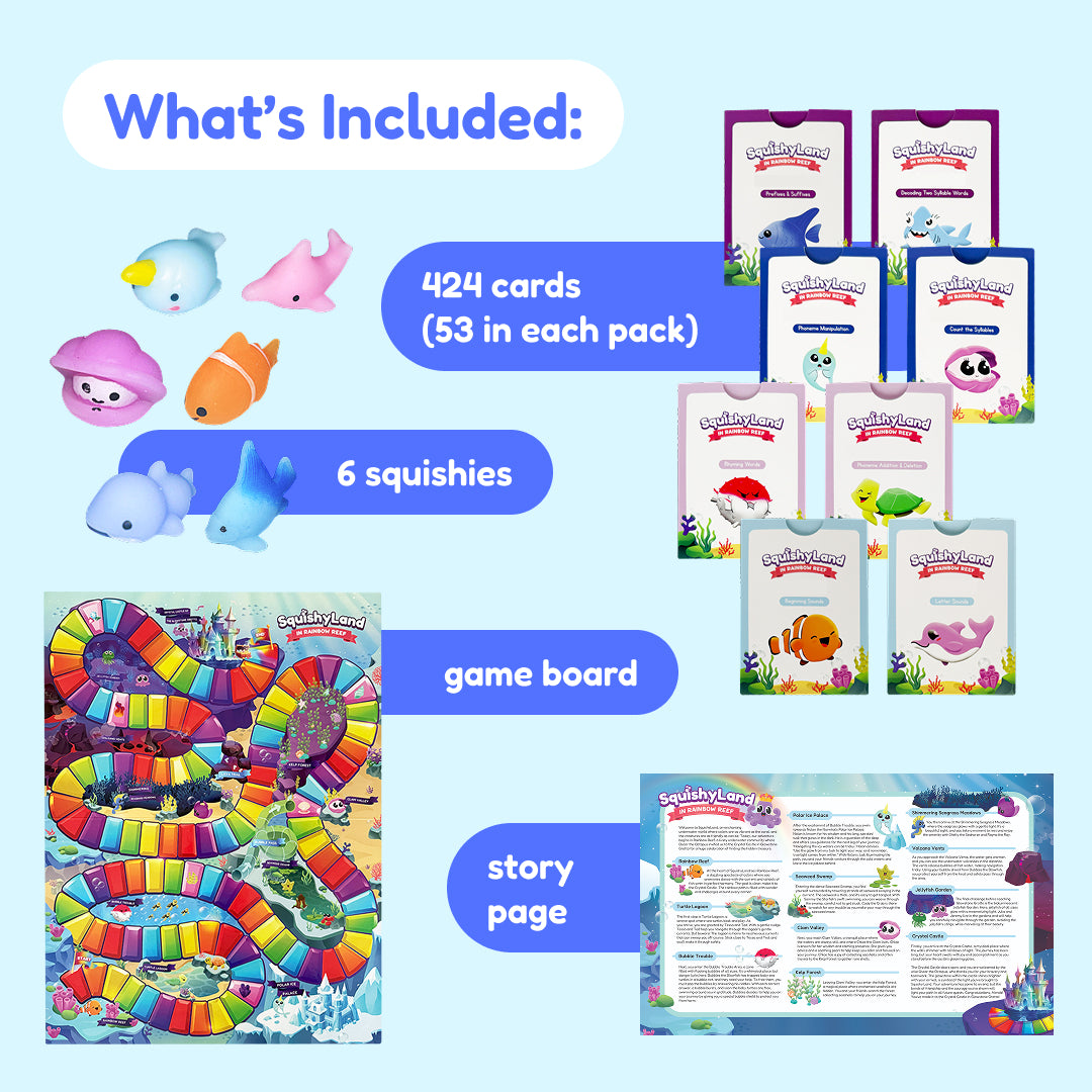 Squishyland Phonics Fidget Game set including six sea creature squishies, a colorful multi-path game board, a story page, and eight decks of learning games designed to build foundational reading skills.