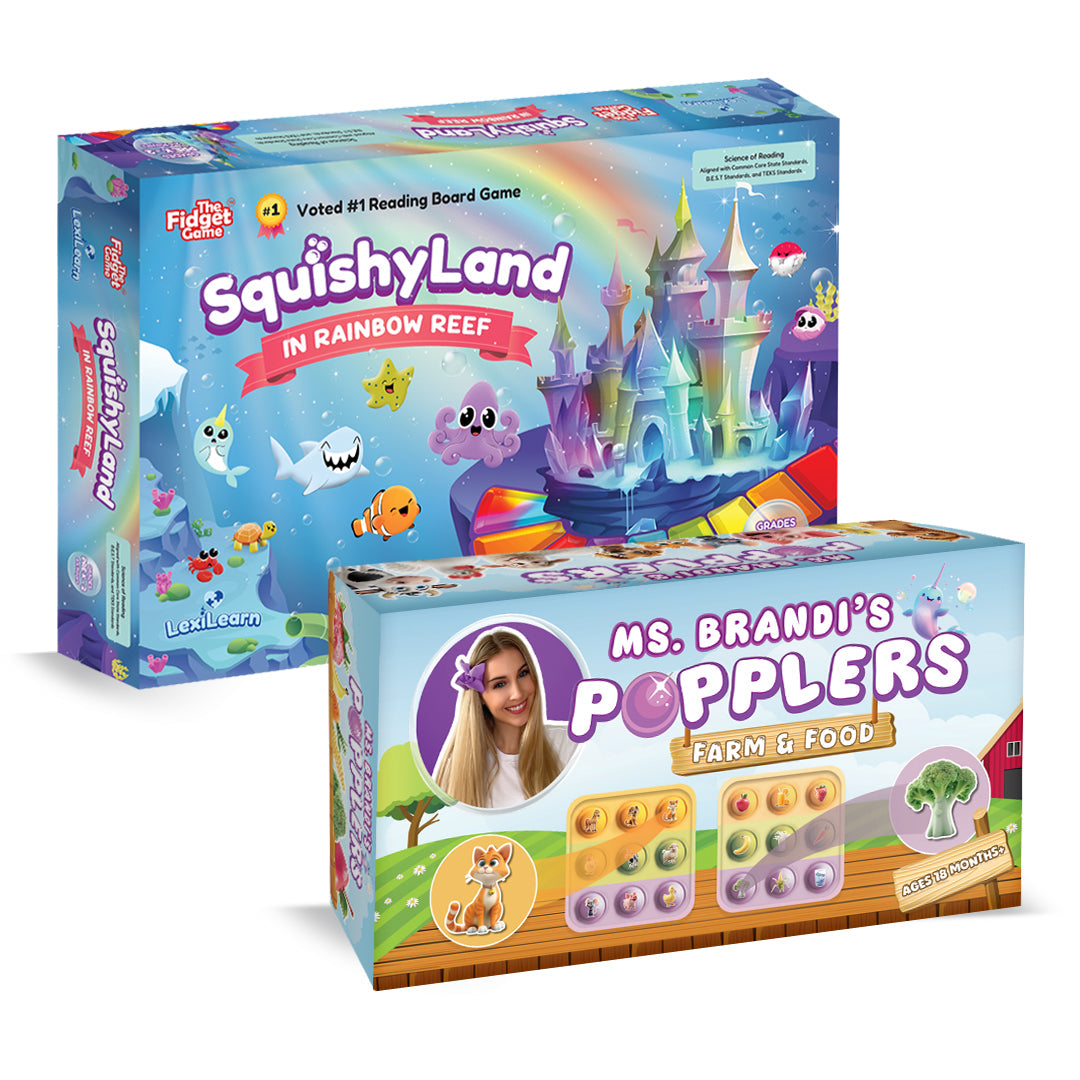 The Squishyland + Popplers Bundle includes two boxed learning games: one with an underwater castle theme and the other featuring phonics-based farm and food characters.