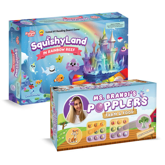The Squishyland + Popplers Bundle includes two boxed learning games: one with an underwater castle theme and the other featuring phonics-based farm and food characters.