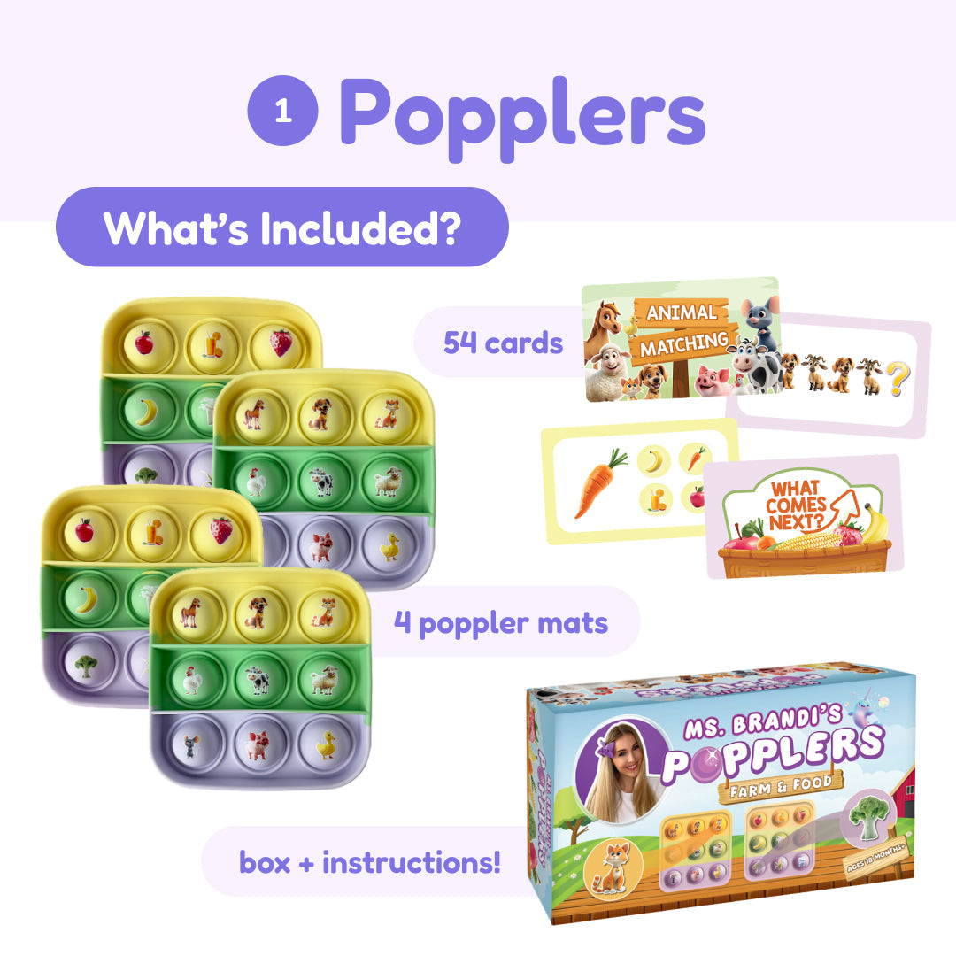 Squishyland + Popplers Bundle including four square silicone pop-it fidget games, 54 animal and food-themed phonics learning cards, a game box, and instructions.