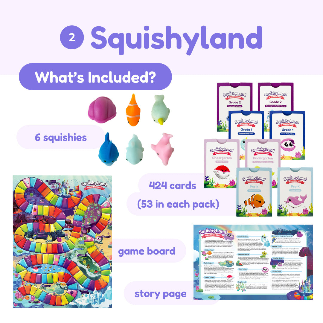 The Squishyland + Popplers Bundle includes six small animal figurines, eight decks of phonics cards, a colorful winding game board, and an illustrated story page to support learning games.